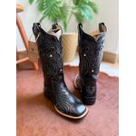 BOTA TEXANA EM COURO PRETO A LASER FLORENCIA + STRASS