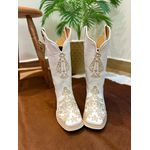 BOTA TEXANA EM COURO BRANCO BORDADO NOSSA SENHORA E FLORES + PERSONALIZAÇÃO DATA E INICIAIS
