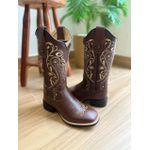 BOTA TEXANA EM COURO MARROM TRIBAL E FLORÃO BEGE