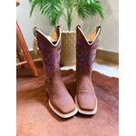 BOTA TEXANA EM COURO MARROM BORDADO FLORES ROXO SOLADO BRANCO
