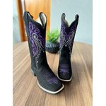 BOTA TEXANA EM COURO NOBUCK PRETO TRIBAL BRANCO E ROXO