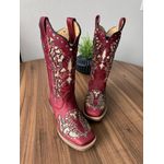 BOTA TEXANA EM COURO VERMELHO A LASER GLITTER DOURADO COM STRASS E METAIS