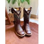 KIT BOTA TEXANA EM COURO LÁTEGO MARROM BORDADO TRIBAL VERDE + BAINHA + FACA CANO TRADICIONAL