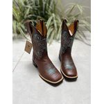 BOTA TEXANA EM COURO LÁTEGO MARROM BORDADO AZUL E BEGE CANO TRADICIONAL