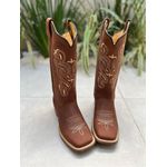 BOTA TEXANA EM COURO MARROM BORDADO BEGE