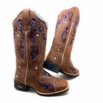 BOTA TEXANA EM COURO MARROM BORDADO TRIBAL BEGE E AZUL