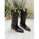 BOTA TEXANA EM COURO LÁTEGO PRETO BORDADO DUAS CORES BICO FINO SOLADO DE MADEIRA