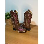 BOTA TEXANA EM COURO MARROM A LASER GLITTER ROSA BORDADO BEGE COM METAIS E STRASS