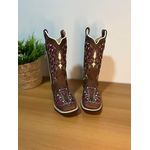 BOTA TEXANA EM COURO MARROM A LASER GLITTER ROSA BORDADO BEGE COM METAIS E STRASS