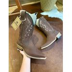 BOTA TEXANA EM COURO BORDADO RAMOS MARROM CANO TRADICIONAL BICO FINO SOLADO DE MADEIRA COM METAIS E STRASS