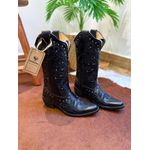 BOTA TEXANA EM COURO PRETO BORDADO RAMOS ALL BLACK COM METAIS BICO FINO PVC
