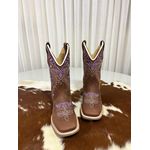 BOTA TEXANA EM COURO HORSE NESCAU BORDADO TRIBAL BEGE E ROXO CANO TRADICIONAL