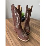 BOTA TEXANA EM COURO MARROM A LASER GLITTER ROSA CLARO FOLHA