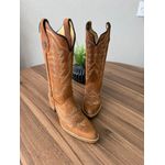 BOTA TEXANA EM COURO HORSE HAVANA BORDADO FOLHA BEGE SOLADO DE MADEIRA BICO FINO