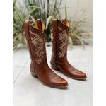 BOTA TEXANA EM COURO MUSTANG BORDADO RAMOS BEGE SOLADO DE MADEIRA BICO FINO