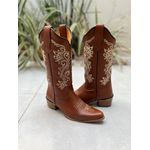 BOTA TEXANA EM COURO MUSTANG BORDADO RAMOS BEGE SOLADO DE MADEIRA BICO FINO
