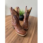 BOTA TEXANA EM COURO MUSTANG BORDADO TRIBAL BEGE E AZUL CANO TRADICIONAL