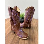 BOTA TEXANA EM COURO MUSTANG BORDADO TRIBAL ROXO E BEGE COM TRICE E CORDINHAS