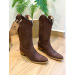 BOTA TEXANA EM COURO NOBUCK CHOCOLATE BORDADO BÁSICO MARROM SOLADO BICO FINO MADEIRA