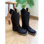 BOTA TEXANA EM COURO NOBUCK PRETO BORDADO RAMOS COM METAIS E STRASS