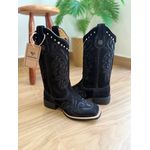 BOTA TEXANA EM COURO NOBUCK PRETO BORDADO RAMOS COM METAIS E STRASS