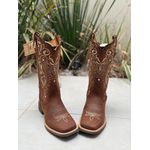 BOTA TEXANA EM COURO MARROM BORDADO TRIBAL BEGE COM FLORAO E TRICE