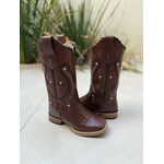 BOTA TEXANA EM COURO COBRA MARROM BORDADO TRIBAL SOLADO DE MADEIRA COM TRICE