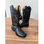 BOTA TEXANA EM COURO COBRA PRETO BORDADO ALL BLACK TRIBAL COM METAIS DOURADO VIRA PRETA