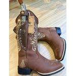 BOTA TEXANA EM COURO MARROM BORDADO RAMOS E NOSSA SENHORA BEGE + BAINHA + FACA