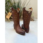 BOTA TEXANA EM COURO BORDADO RAMOS MARROM BICO FINO SOLADO PVC COM METAIS E TRICE