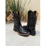 BOTA TEXANA EM COURO PRETO BORDADO ALL BLACK RAMOS CANO TRADICIONAL COM METAIS