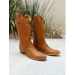 BOTA TEXANA EM COURO HORSE HAVANA BORDADO BASICO SOLADO BICO FINO MADEIRA COM METAIS DOURADOS