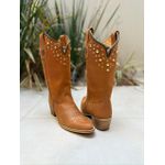 BOTA TEXANA EM COURO HORSE HAVANA BORDADO BASICO SOLADO BICO FINO MADEIRA COM METAIS DOURADOS