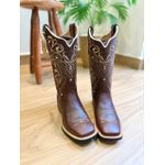 BOTA TEXANA EM COURO LATEGO MARROM BORDADO TRIBAL E FLORAO BEGE E BRANCO 
