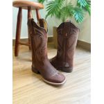 BOTA TEXANA EM COURO HORSE BORDADO PONTILHADO AZUL E NOSSA SENHORA CALCANHAR