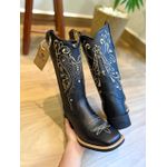 BOTA TEXANA EM COURO LATEGO PRETO BORDADO TRIBAL E NOSSA SENHORA BEGE