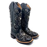 BOTA TEXANA EM COURO PRETO A LASER CRUZ GLITTER PRETO + METAIS