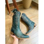 BOTA TEXANA EM COURO VERDE BORDADO TRIBAL SOLADO BICO FINO MADEIRA
