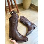 BOTA TEXANA EM COURO ESTILIZADO JACARÉ MARROM BORDADO TRIBAL SOLA RUSTICA COM TRICE