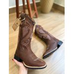 BOTA TEXANA EM COURO HORSE NESCAU BORDADO PONTILHADO BRANCO E LARANJA E NOSSA SENHORA