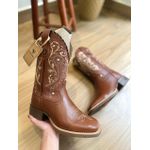 BOTA TEXANA EM COURO MUSTANG BORDADO TRIBAL E FLORAO BEGE COM TRICE CANO TRADICIONAL