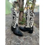 BOTA TEXANA EM COURO OFF WHITE E PRETO A LASER GLITTER PRETO + METAIS