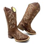 BOTA TEXANA EM COURO MARROM BORDADO FERRADURA