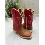 BOTA TEXANA EM COURO CARAMELO E VERMELHO BORDADO E SOLADO BRANCO 