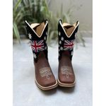 BOTA TEXANA EM COURO MARROM E PRETO BORDADO BANDEIRA E SOLADO DE MADEIRA 