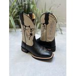 BOTA TEXANA EM COURO PRETO E OFF WHITE BORDADO BOI + FLORÃO