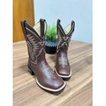 BOTA TEXANA EM COURO MARROM BORDADO FLORÃO + DESENHO BEGE 