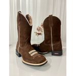 BOTA TEXANA EM COURO MARROM LISA E FLORÃO BEGE