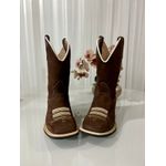 BOTA TEXANA EM COURO MARROM LISA E FLORÃO BEGE