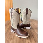 BOTA TEXANA EM COURO OFF WHITE E MARROM BORDADO LINHAS SOLADO BRANCO